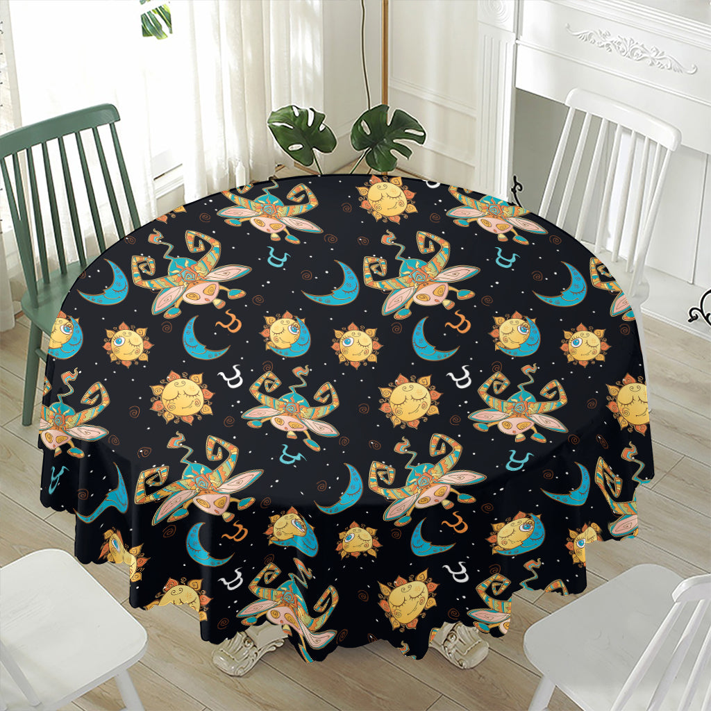 Cute Cartoon Taurus Pattern Print Waterproof Round Tablecloth