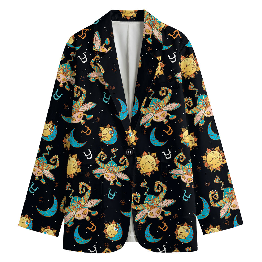 Cute Cartoon Taurus Pattern Print Women's Cotton Blazer