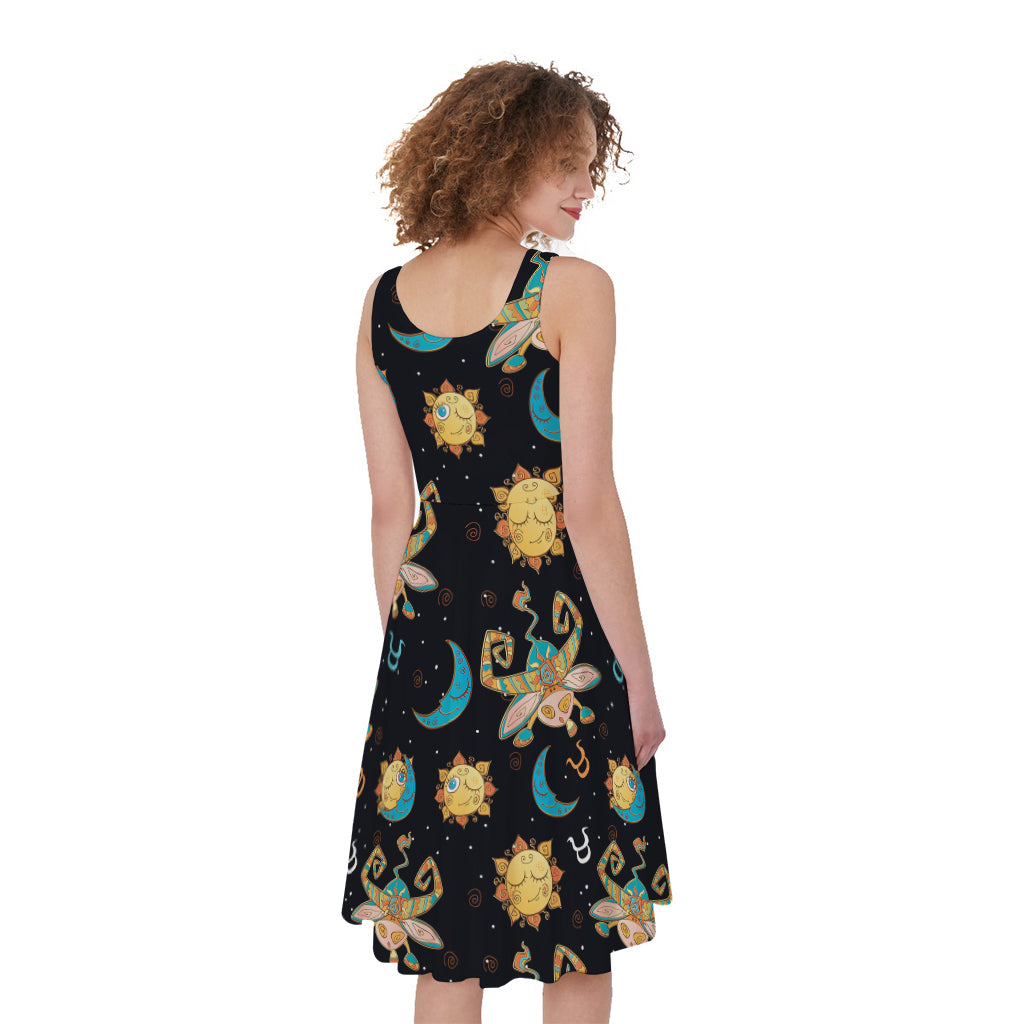 Cute Cartoon Taurus Pattern Print Women's Sleeveless Dress
