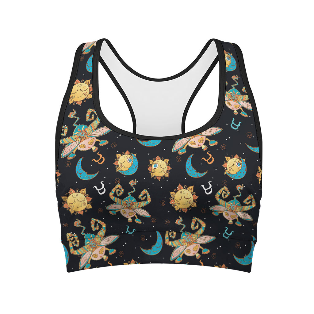 Cute Cartoon Taurus Pattern Print Women's Sports Bra