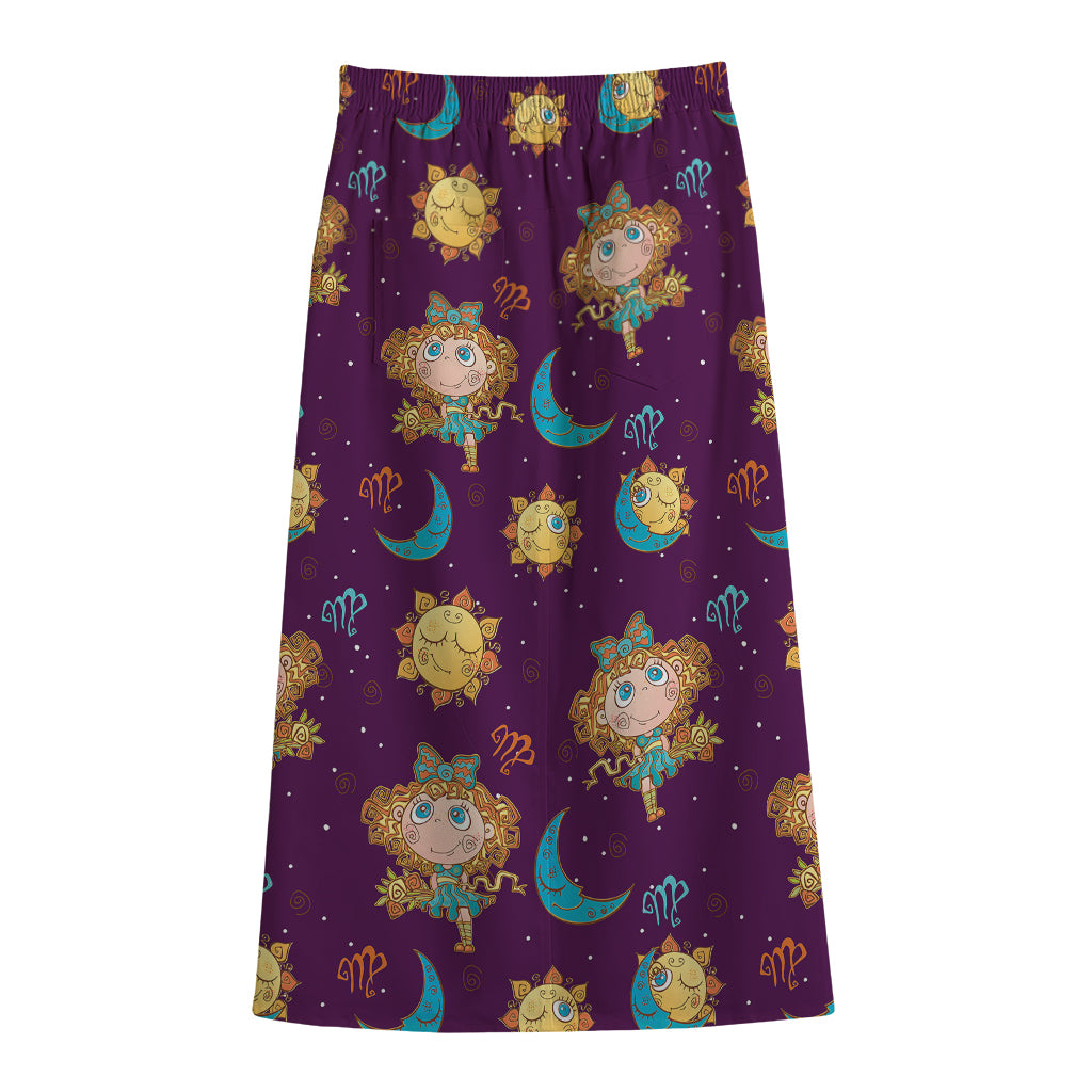 Cute Cartoon Virgo Pattern Print Cotton Front Slit Maxi Skirt
