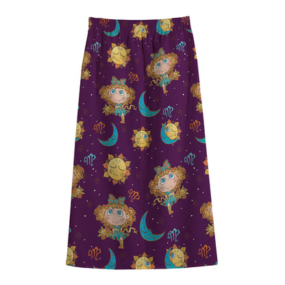 Cute Cartoon Virgo Pattern Print Cotton Front Slit Maxi Skirt