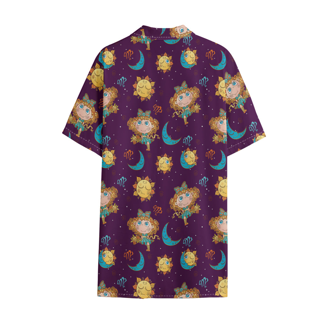Cute Cartoon Virgo Pattern Print Cotton Hawaiian Shirt