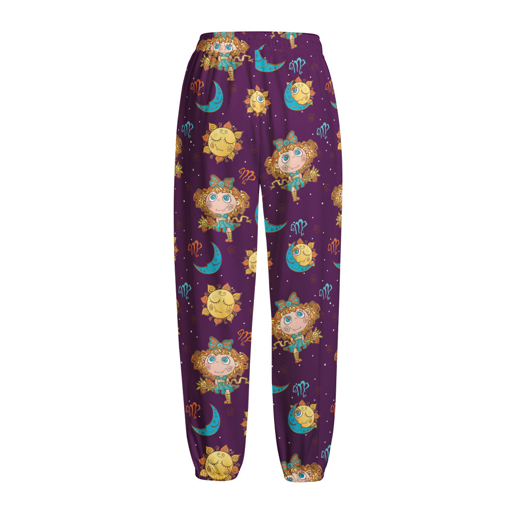 Cute Cartoon Virgo Pattern Print Fleece Lined Knit Pants