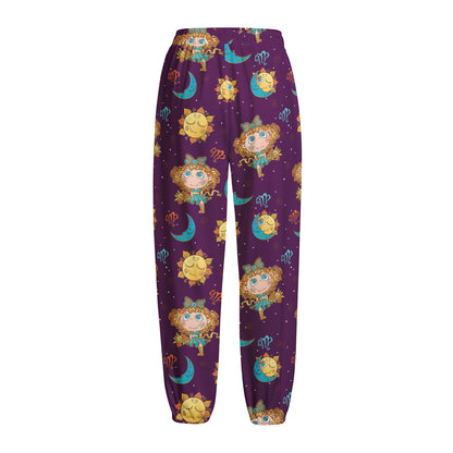 Cute Cartoon Virgo Pattern Print Fleece Lined Knit Pants