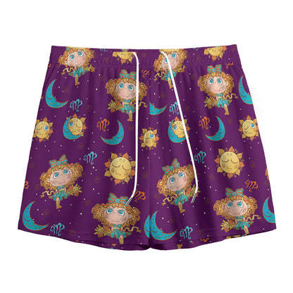 Cute Cartoon Virgo Pattern Print Mesh Shorts