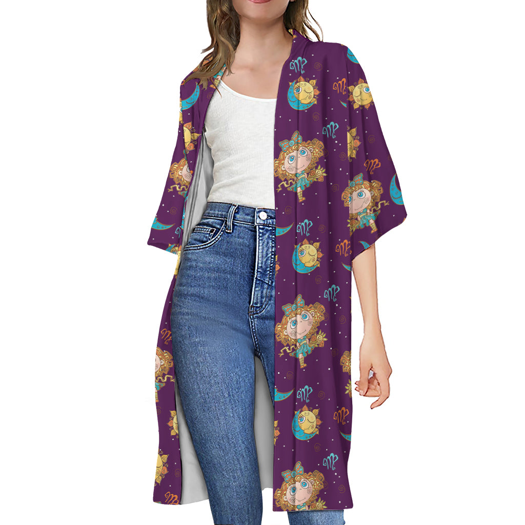 Cute Cartoon Virgo Pattern Print Open Front Beach Cover Up