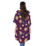 Cute Cartoon Virgo Pattern Print Open Front Beach Cover Up
