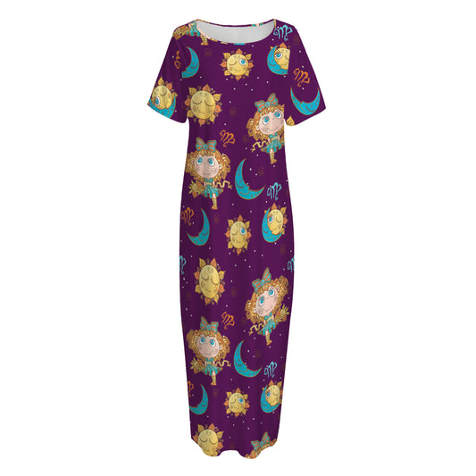 Cute Cartoon Virgo Pattern Print Short Sleeve Long Nightdress