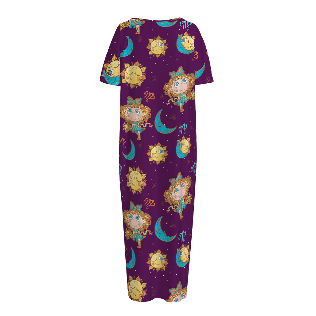 Cute Cartoon Virgo Pattern Print Short Sleeve Long Nightdress