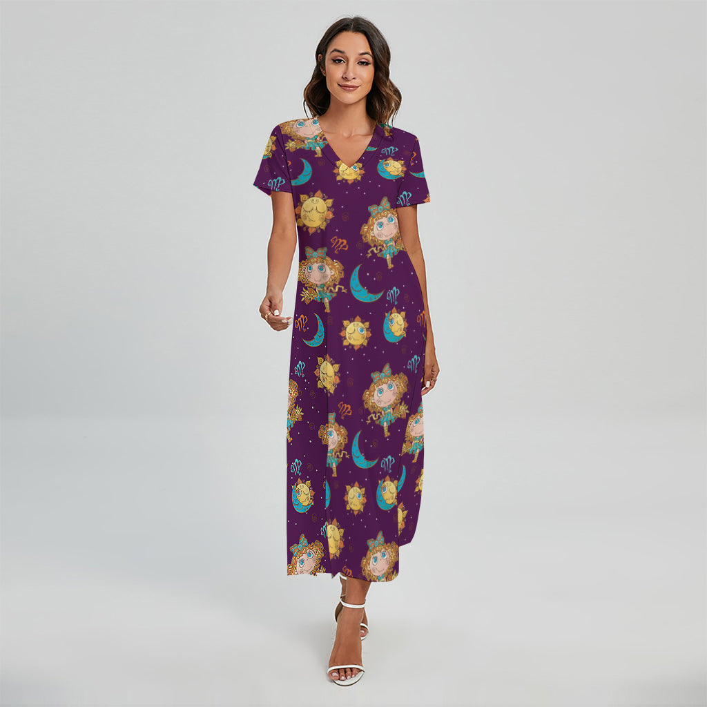 Cute Cartoon Virgo Pattern Print Short Sleeve Maxi Dress