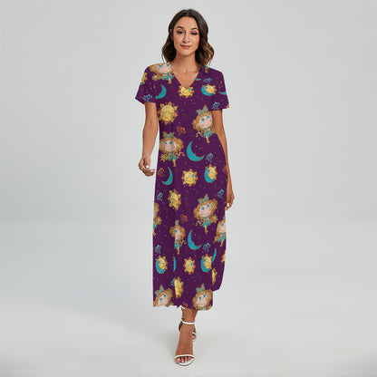 Cute Cartoon Virgo Pattern Print Short Sleeve Maxi Dress