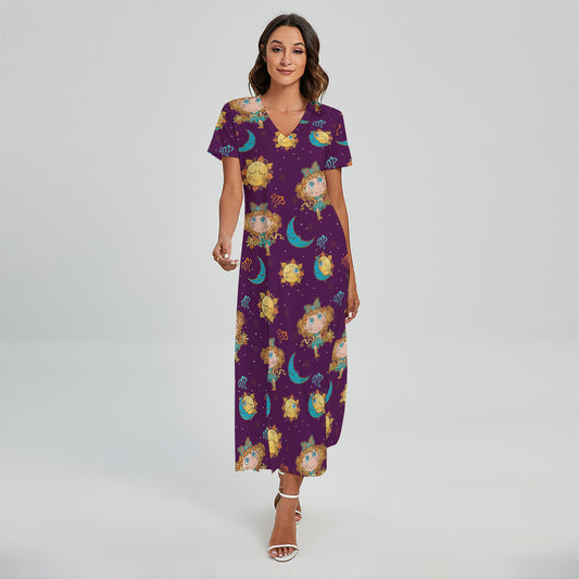 Cute Cartoon Virgo Pattern Print Short Sleeve Maxi Dress