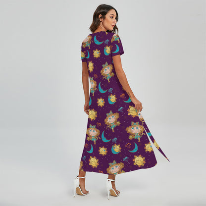 Cute Cartoon Virgo Pattern Print Short Sleeve Maxi Dress