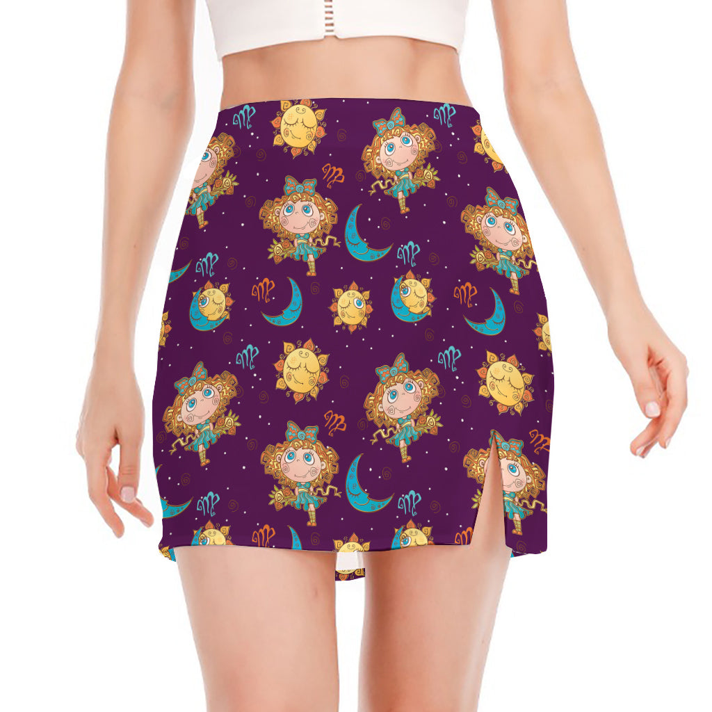 Cute Cartoon Virgo Pattern Print Side Slit Mini Skirt