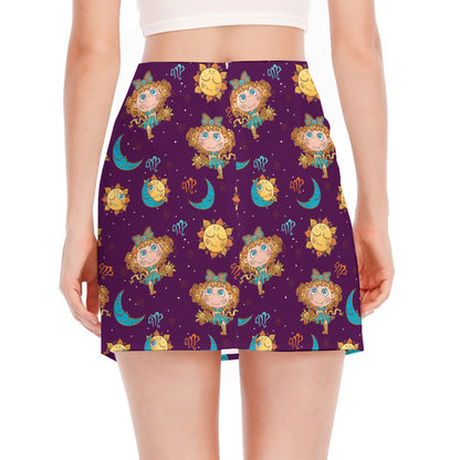 Cute Cartoon Virgo Pattern Print Side Slit Mini Skirt
