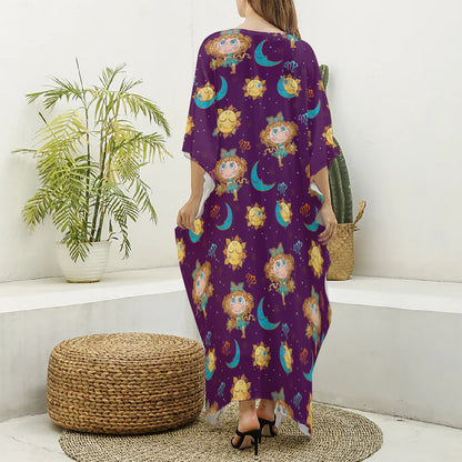 Cute Cartoon Virgo Pattern Print Silk V-Neck Kaftan Dress