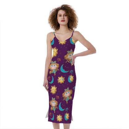 Cute Cartoon Virgo Pattern Print Slim Fit Midi Cami Dress