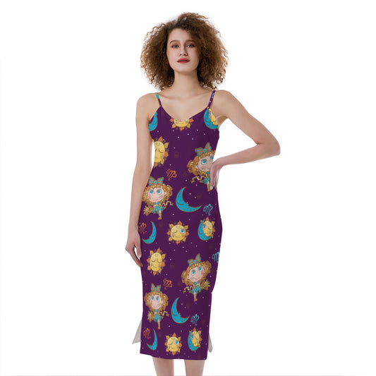 Cute Cartoon Virgo Pattern Print Slim Fit Midi Cami Dress