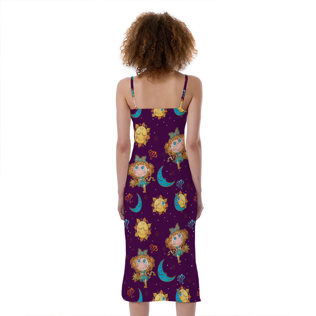 Cute Cartoon Virgo Pattern Print Slim Fit Midi Cami Dress