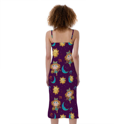 Cute Cartoon Virgo Pattern Print Slim Fit Midi Cami Dress