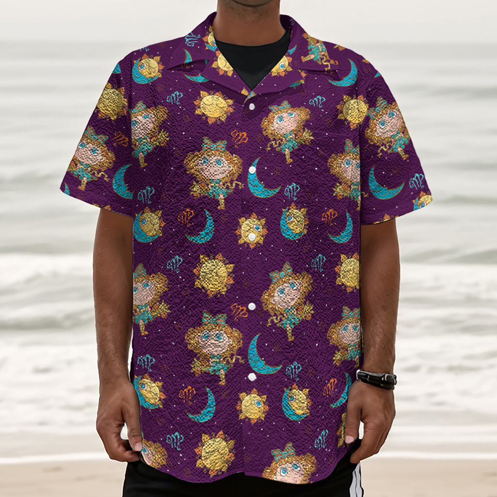 Cute Cartoon Virgo Pattern Print Textured Short Sleeve Shirt