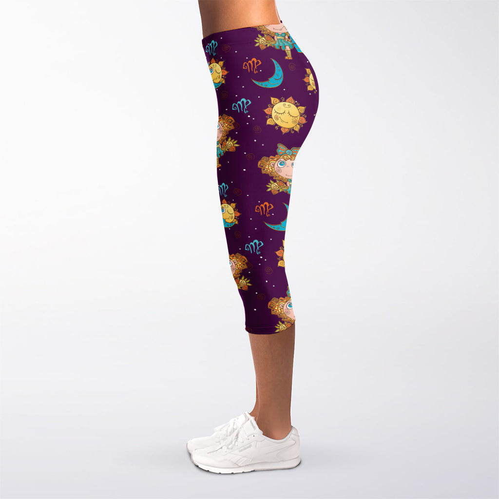 Cute Cartoon Virgo Pattern Print Women's Capri Leggings