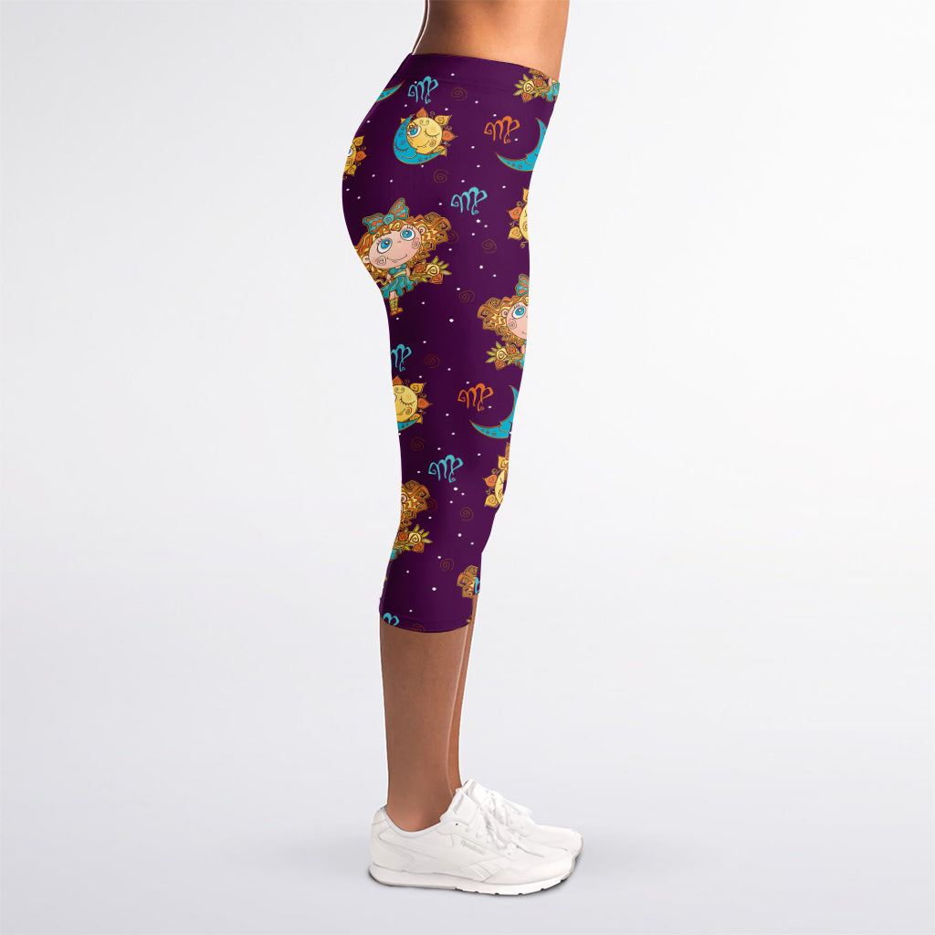 Cute Cartoon Virgo Pattern Print Women's Capri Leggings