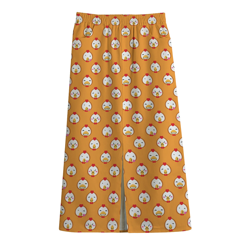 Cute Chicken Emoji Pattern Print Cotton Front Slit Maxi Skirt