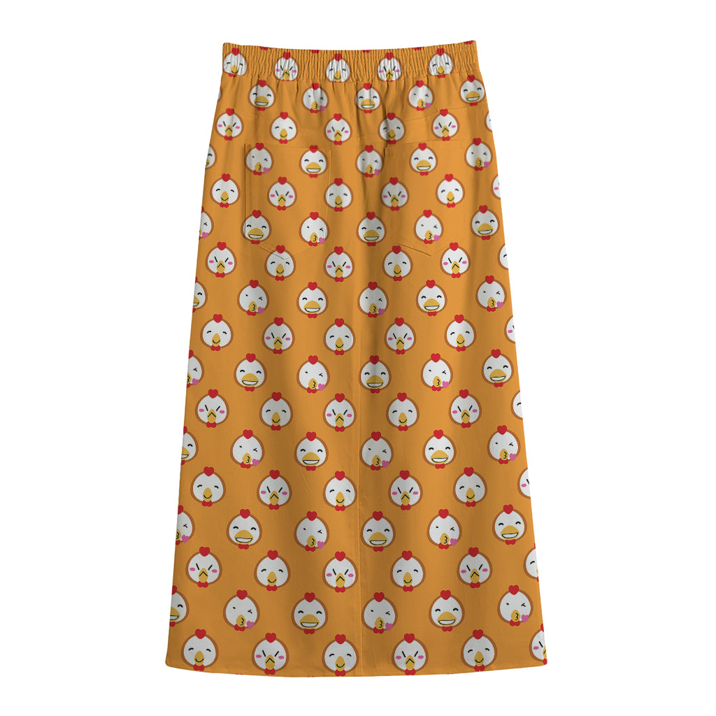 Cute Chicken Emoji Pattern Print Cotton Front Slit Maxi Skirt