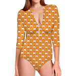 Cute Chicken Emoji Pattern Print Long Sleeve Swimsuit