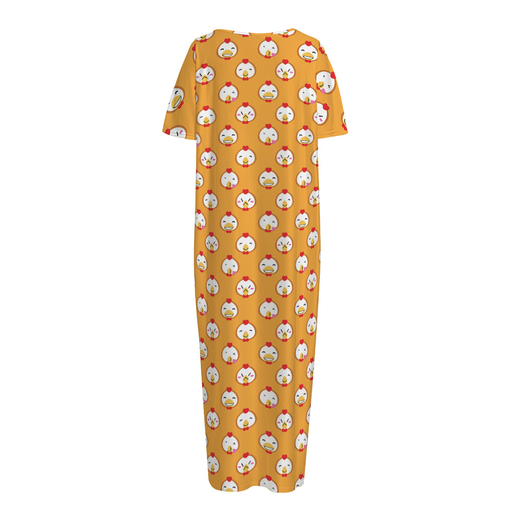 Cute Chicken Emoji Pattern Print Short Sleeve Long Nightdress