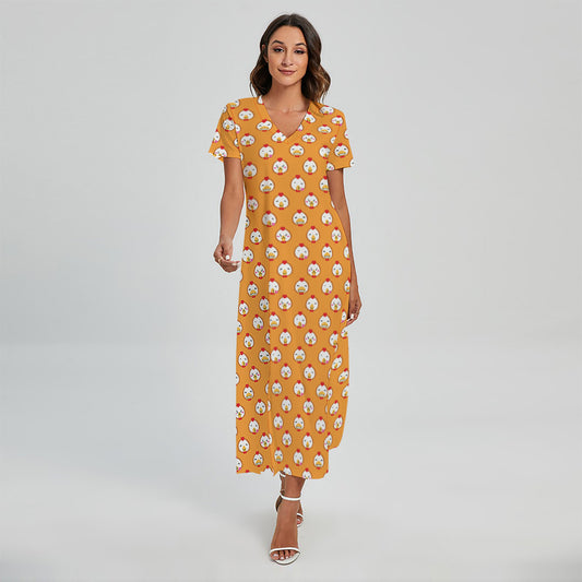 Cute Chicken Emoji Pattern Print Short Sleeve Maxi Dress