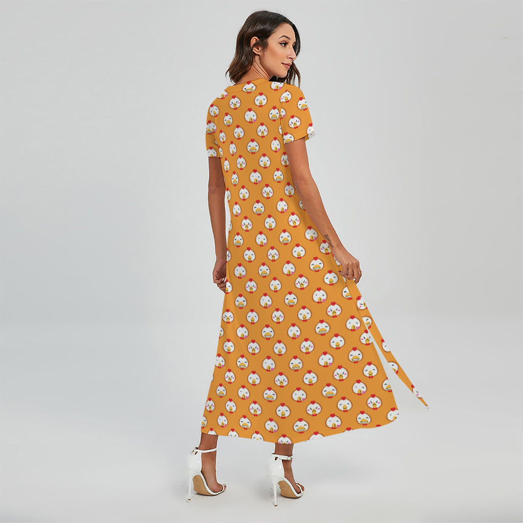 Cute Chicken Emoji Pattern Print Short Sleeve Maxi Dress