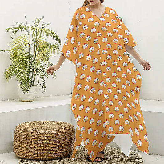 Cute Chicken Emoji Pattern Print Silk V-Neck Kaftan Dress