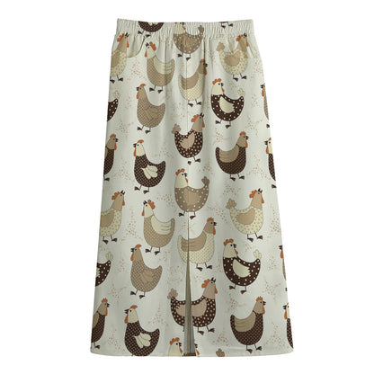 Cute Chicken Pattern Print Cotton Front Slit Maxi Skirt