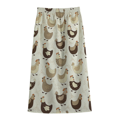 Cute Chicken Pattern Print Cotton Front Slit Maxi Skirt