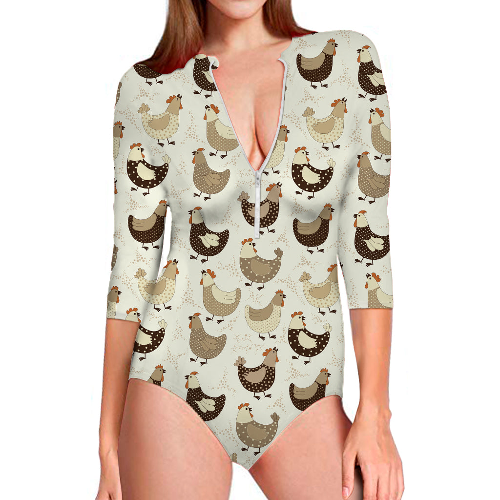Cute Chicken Pattern Print Long Sleeve Swimsuit