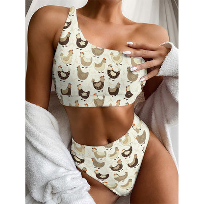 Cute Chicken Pattern Print One Shoulder Bikini Top