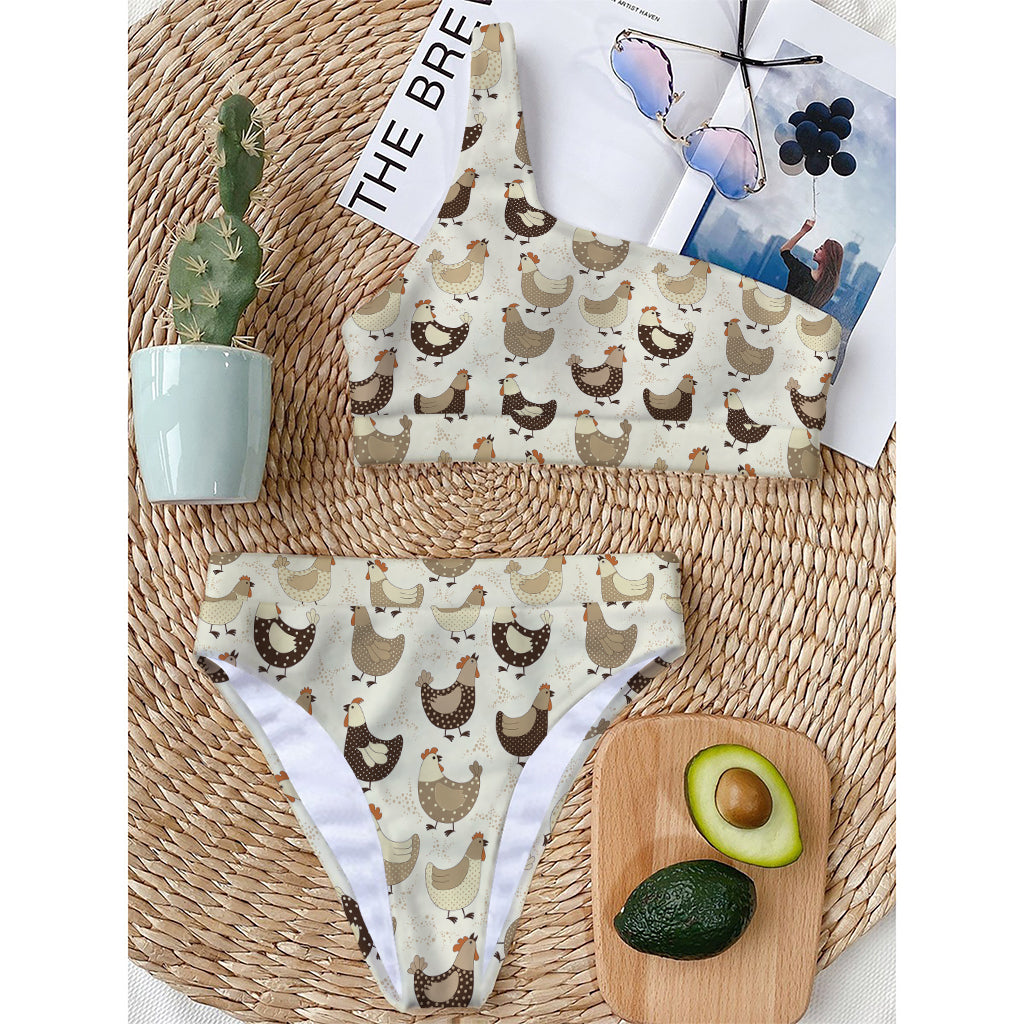Cute Chicken Pattern Print One Shoulder Bikini Top
