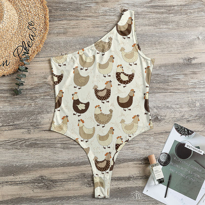Cute Chicken Pattern Print One Shoulder Bodysuit