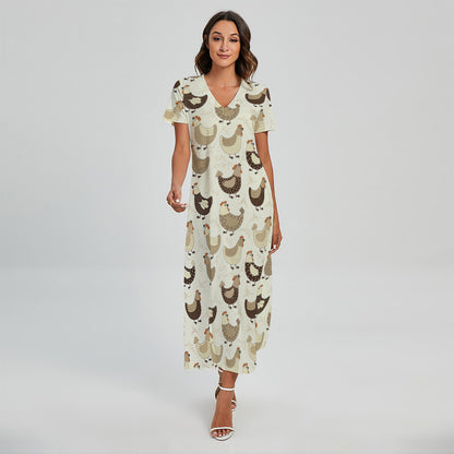 Cute Chicken Pattern Print Short Sleeve Maxi Dress