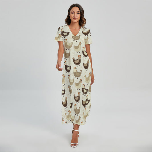Cute Chicken Pattern Print Short Sleeve Maxi Dress