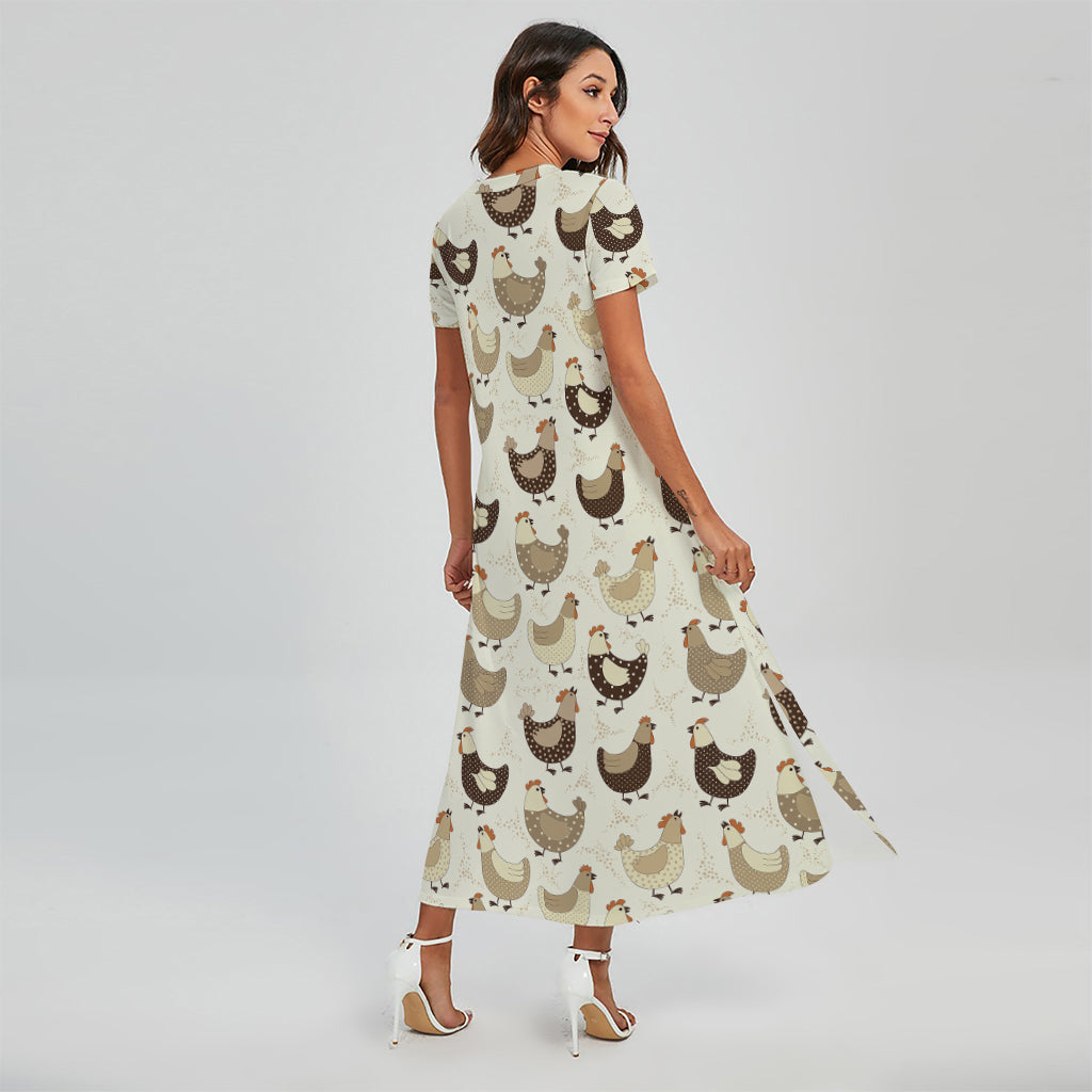 Cute Chicken Pattern Print Short Sleeve Maxi Dress