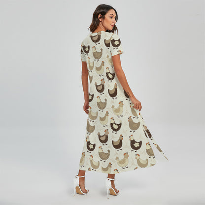 Cute Chicken Pattern Print Short Sleeve Maxi Dress