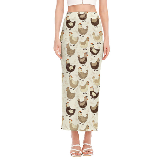 Cute Chicken Pattern Print Side Slit Maxi Skirt