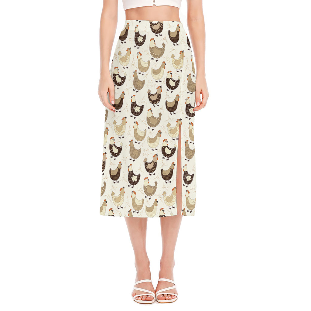 Cute Chicken Pattern Print Side Slit Midi Skirt