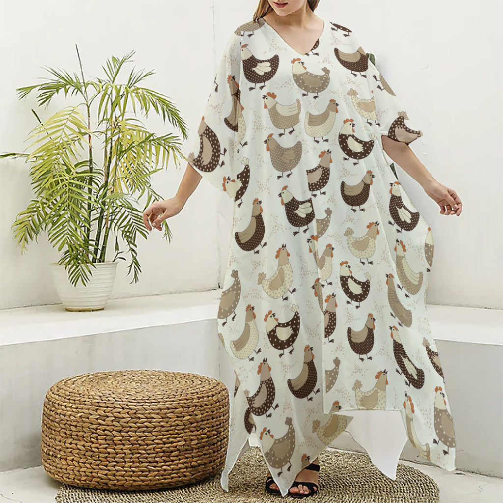 Cute Chicken Pattern Print Silk V-Neck Kaftan Dress