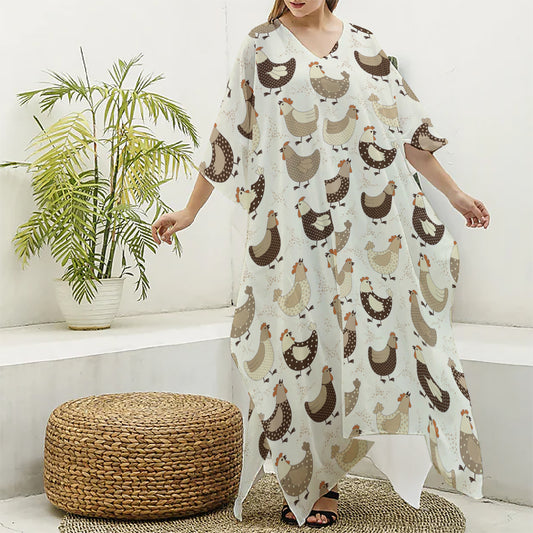 Cute Chicken Pattern Print Silk V-Neck Kaftan Dress