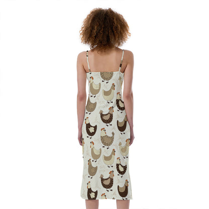 Cute Chicken Pattern Print Slim Fit Midi Cami Dress